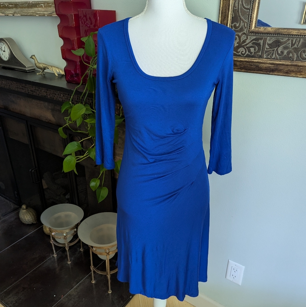 Calvin Klein Dress Women's 4 Blue Pleated Ruche Scoop Neck Stretchy Pullover 164